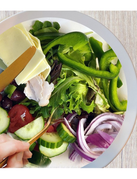 3-CHEF SALAD (1/2 Half) - Mixed lettuce  - green peppers	-  tomato wedges	 - red onions -  cucumbers -Kalamata olives -  Sliced pepperoncini - American  cheese - turkey breast - provolone cheese